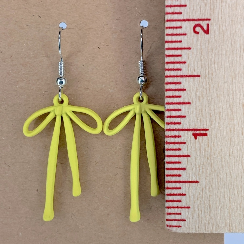 Yellow Gloss Coated Metal Bow Pendant Earrings Fashion Jewelry - Picture 2 of 3
